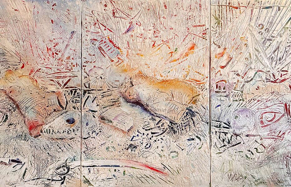 “Drowning in Pearlescence and Beige…”, tryptych, 150x100cm, 2026